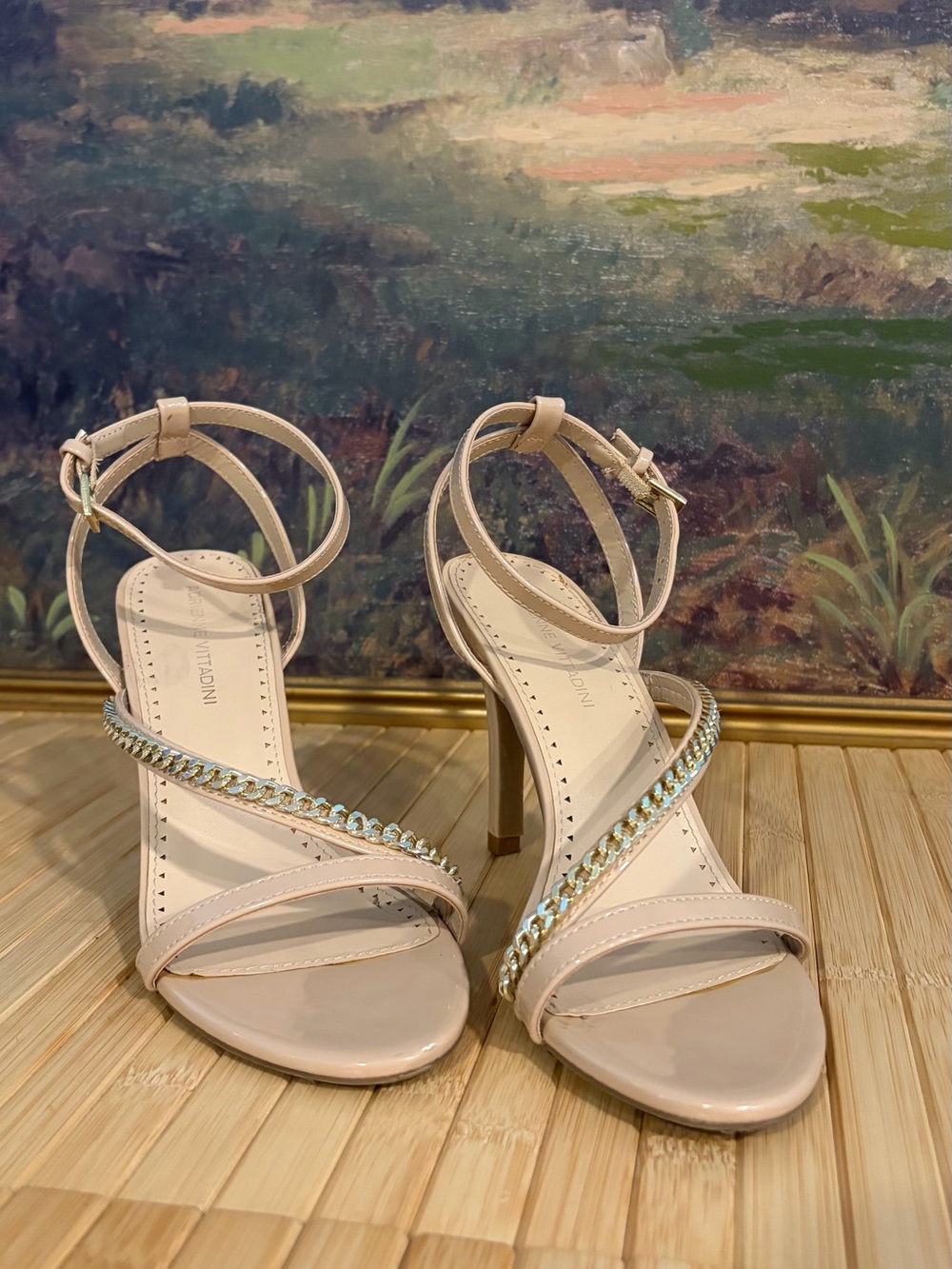 Nude Patent Ankle-Strap Heels with Chain Detail size 8